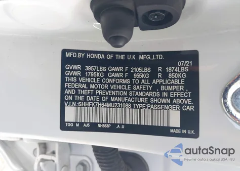 2021 Honda Civic Ex из США, поврежденный, VIN SHHFK7H64MU231088